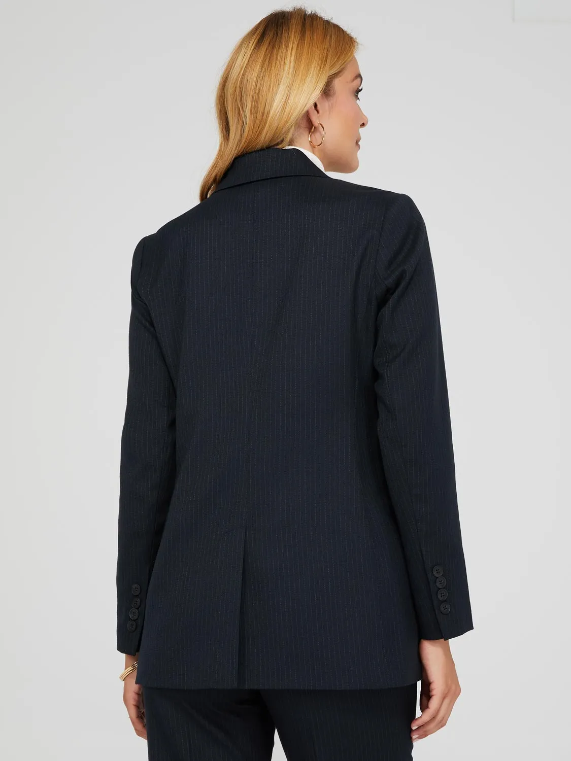 1-Button Striped Blazer With Flap Pockets