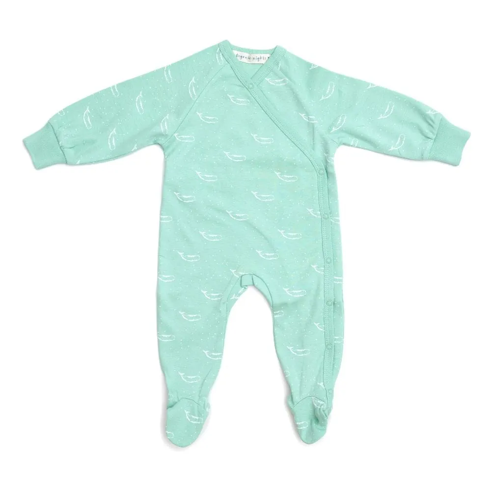 100% Organic Cotton Crossover Baby Sleepsuit with Feet - Sage Green Tiny Whales