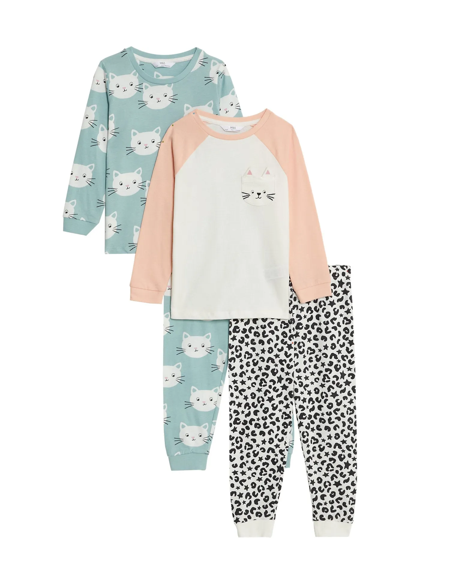 2pk Pure Cotton Cat Pyjama Sets