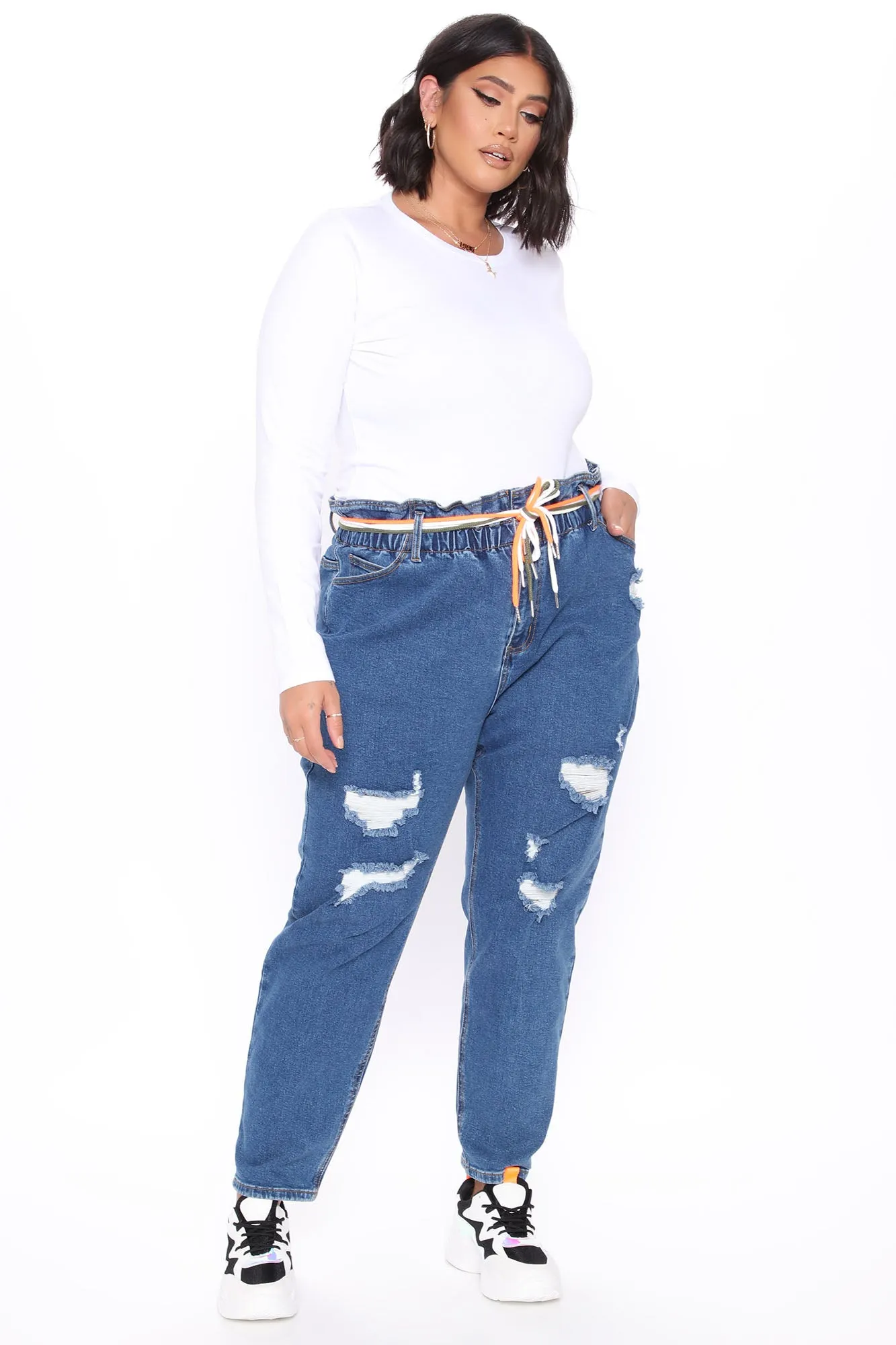 A Lil Tied Up Distressed Straight Leg Jeans - Medium Blue Wash