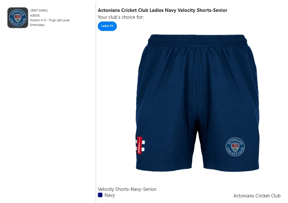 Actonians Cricket Club Ladies Navy Velocity Shorts-Senior