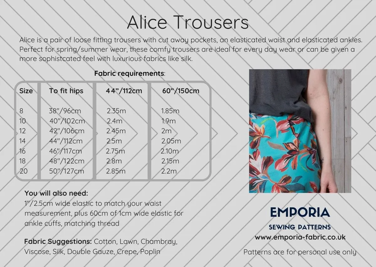 Alice Trousers Sewing Pattern, Emporia Patterns