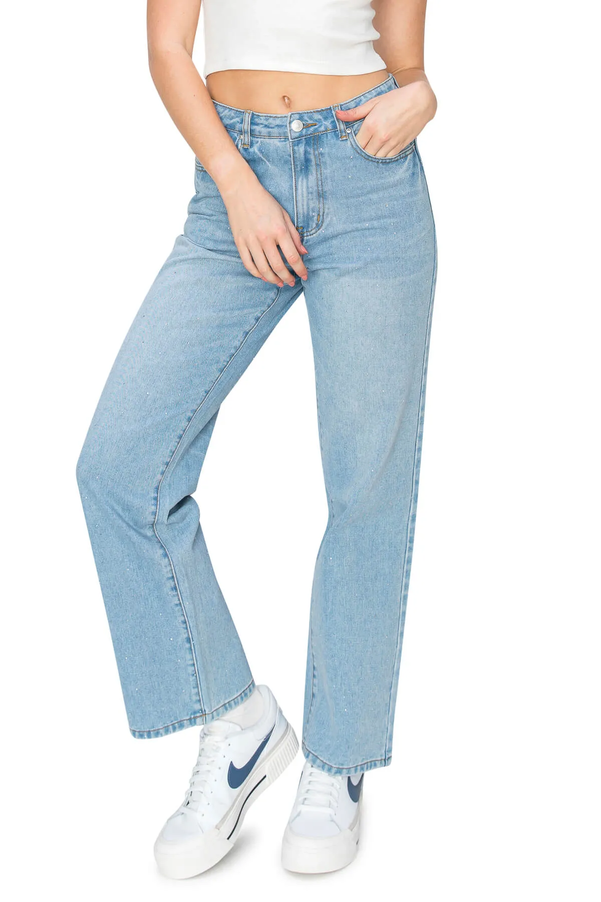 All Over Rhinestone High Rise Straight Jeans - Medium Wash