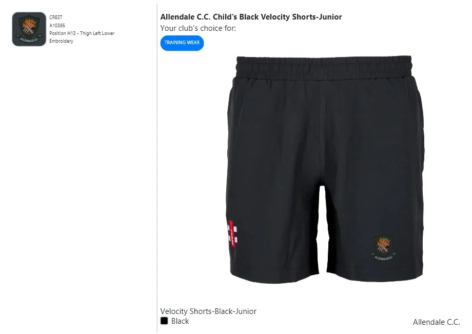 Allendale C.C. Child's Black Velocity Shorts-Junior