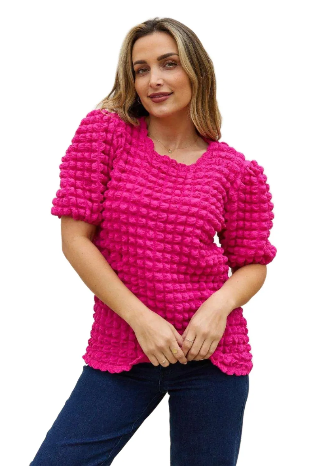 And The Why Full Size Bubble Textured Puff Sleeve Top