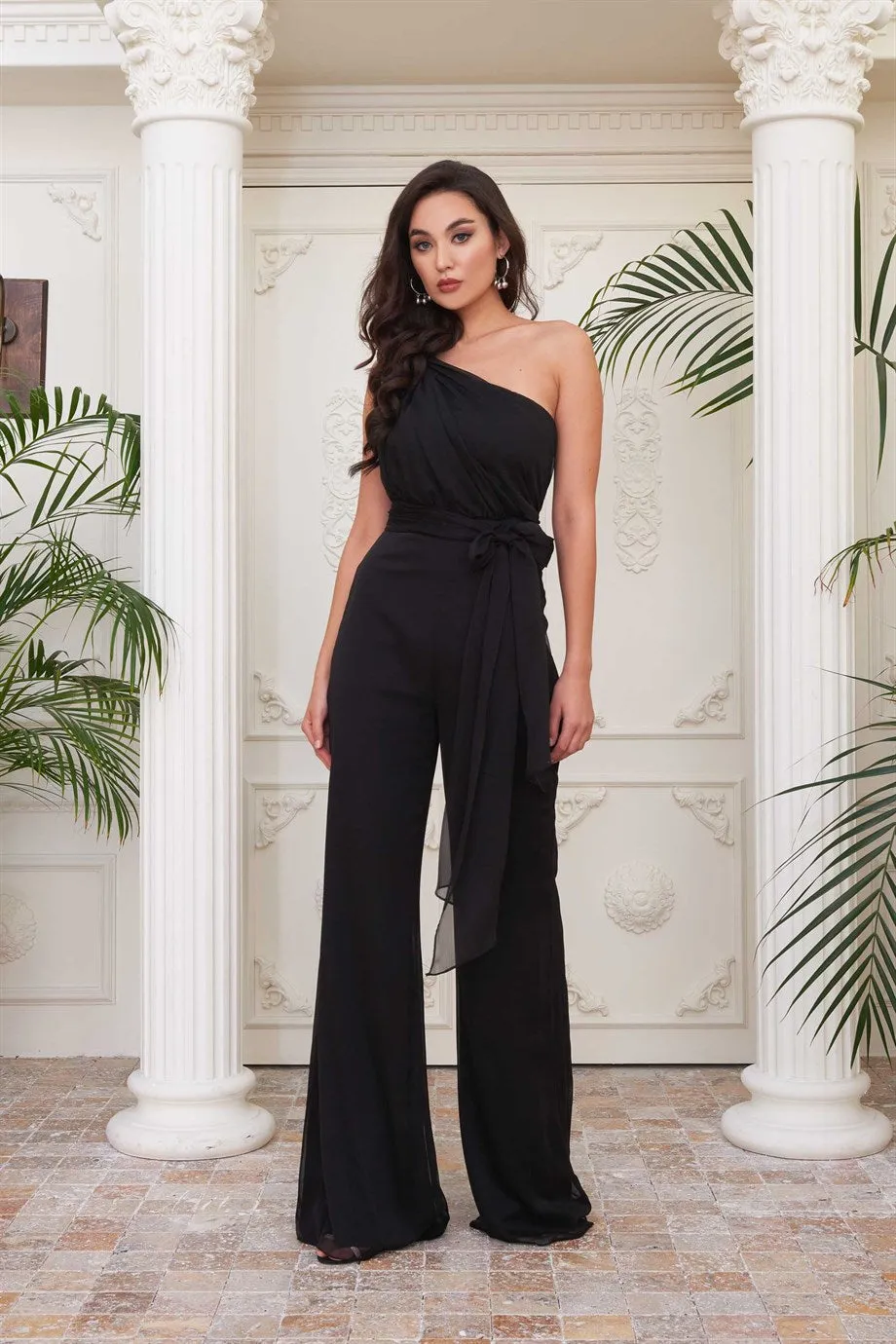 Angelino black chiffon one shoulder braided jumpsuit