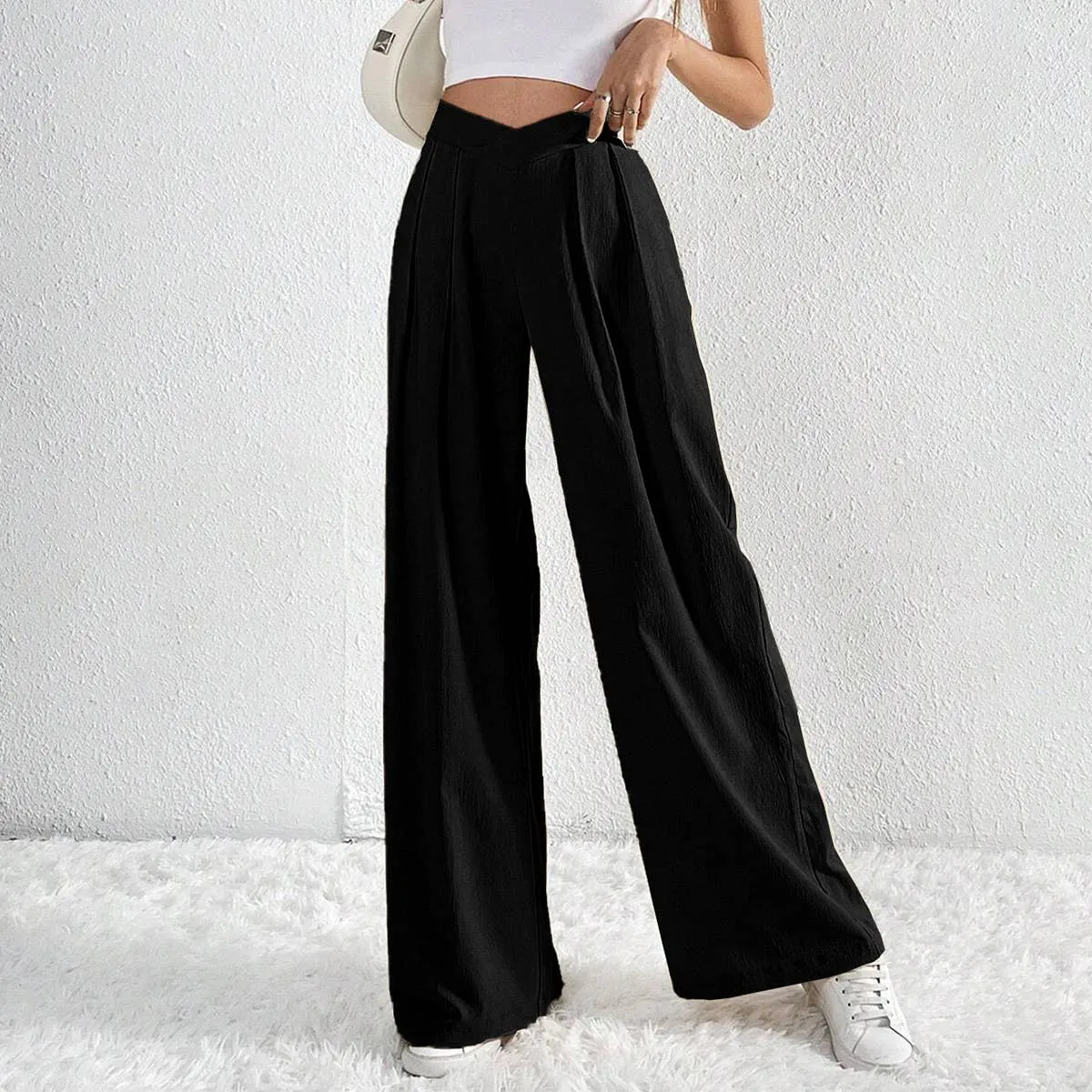 ASYMMETRICAL WAIST PLEATS CASUAL WIDE LEG SLACKS_CWBLP0603