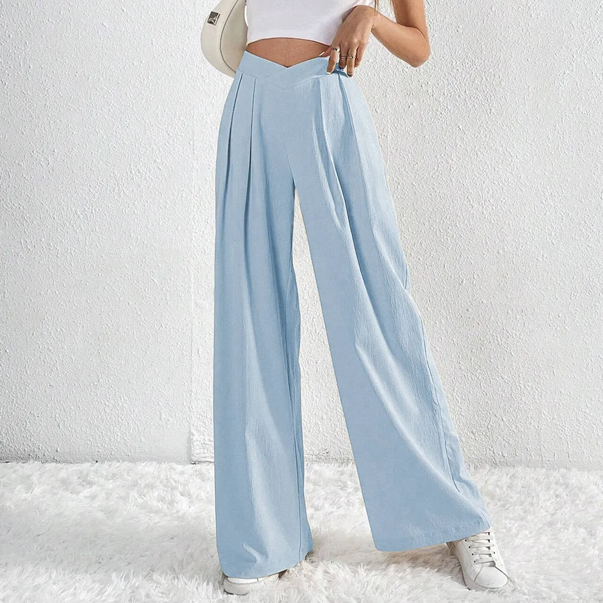 ASYMMETRICAL WAIST PLEATS CASUAL WIDE LEG SLACKS_CWBLP0603