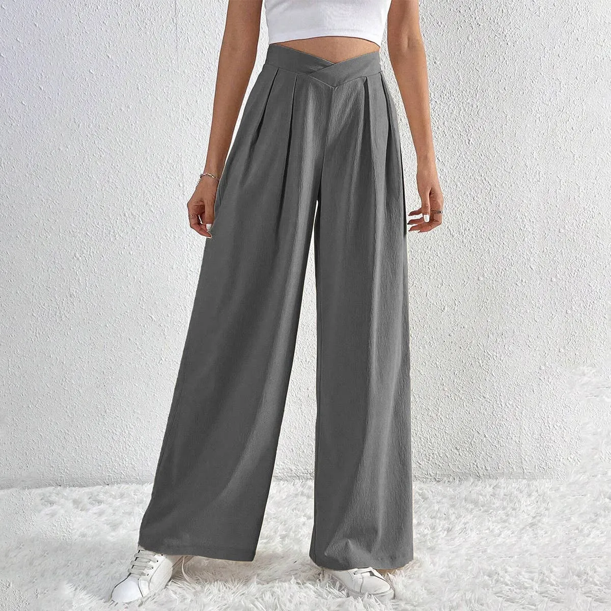 ASYMMETRICAL WAIST PLEATS CASUAL WIDE LEG SLACKS_CWBLP0603