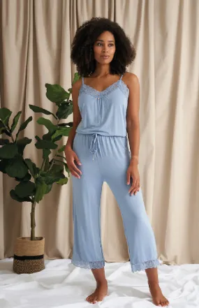 Bamboo Lace Cami Cropped Trouser Pyjama Set in Mist Blue