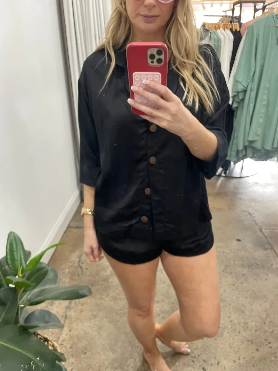 Bamboo Pyjamas - Crop Button Up   Short PJ Set in Black