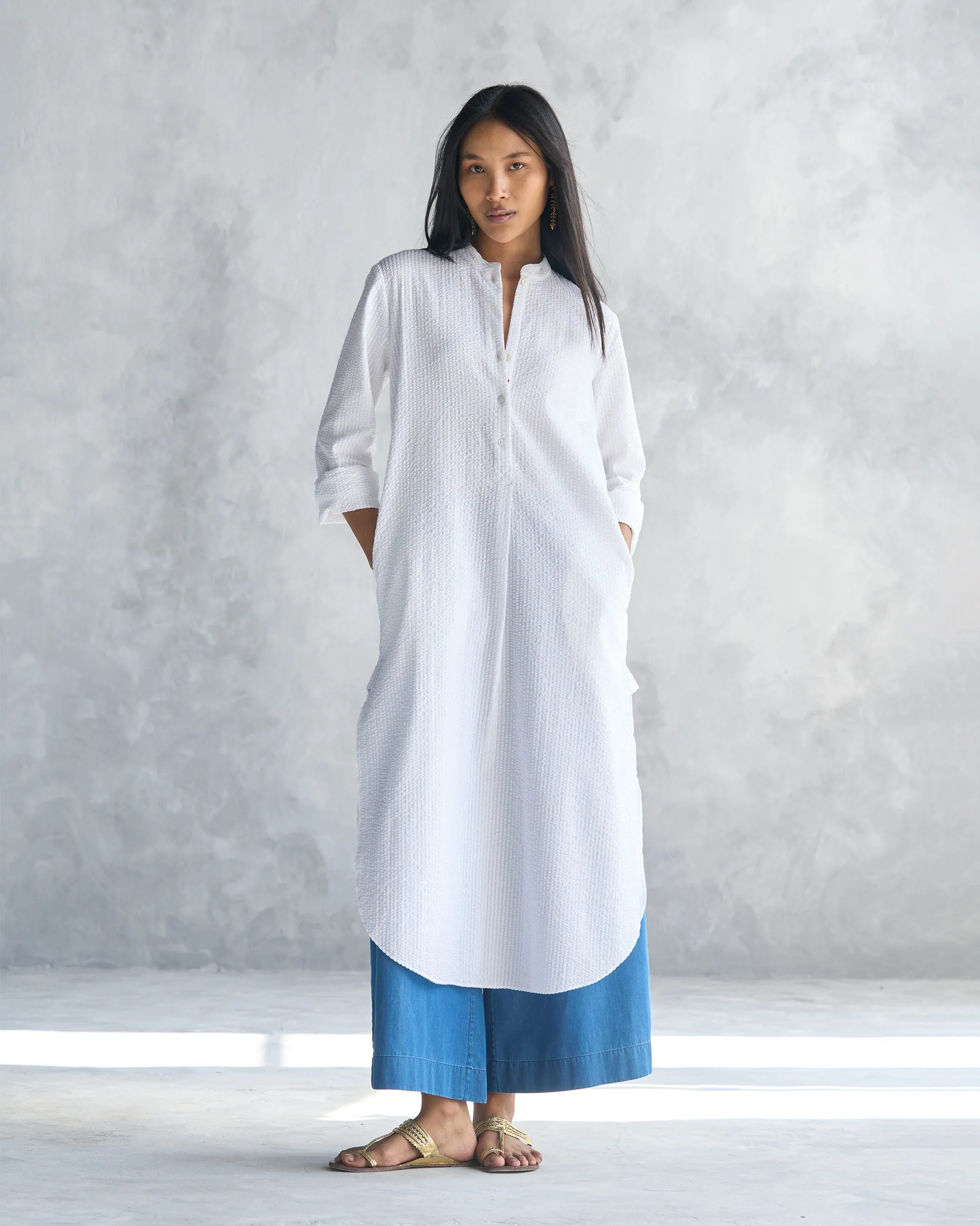 Basic Long Length Kurta - White Seersucker