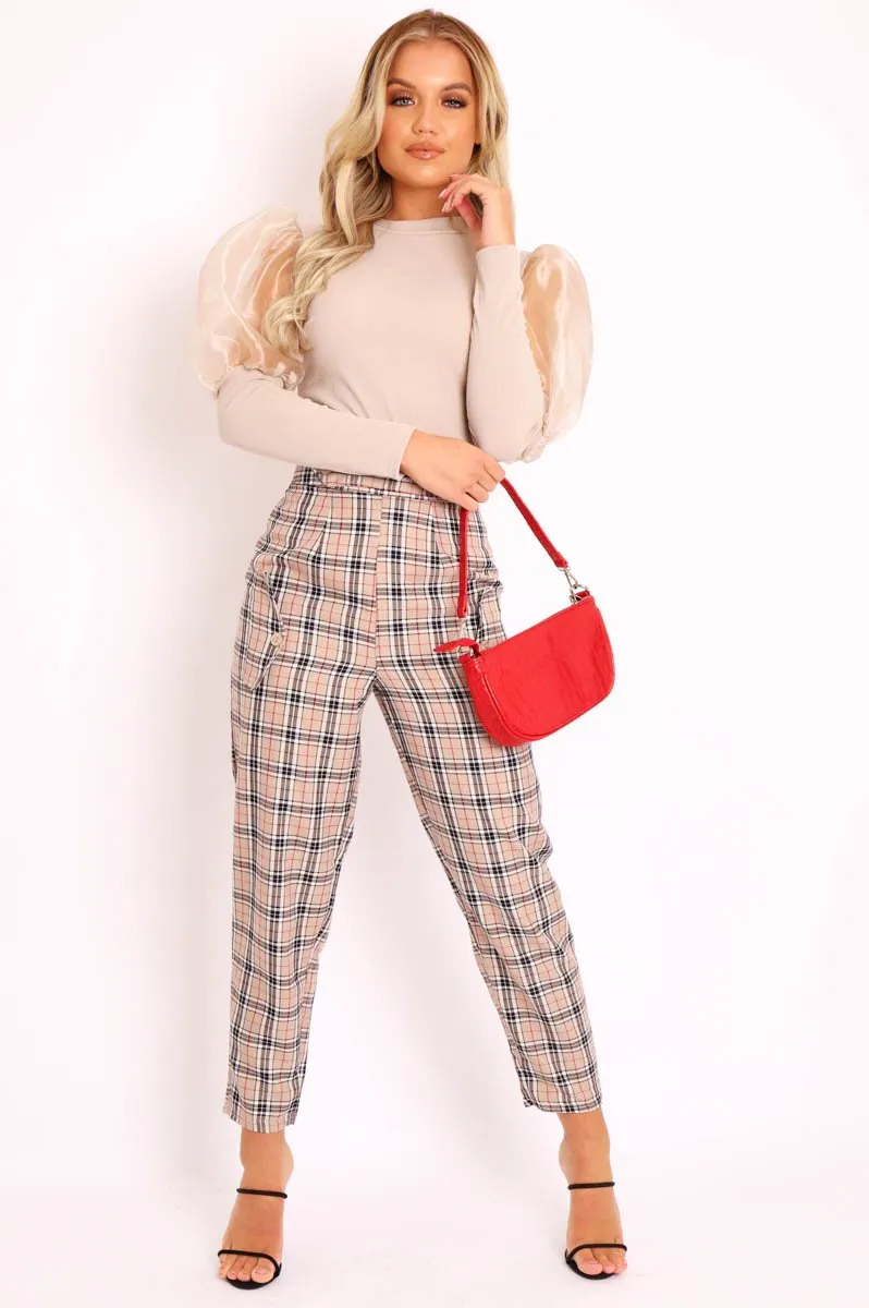 Beige Check Frill Detail Trousers - Bristal