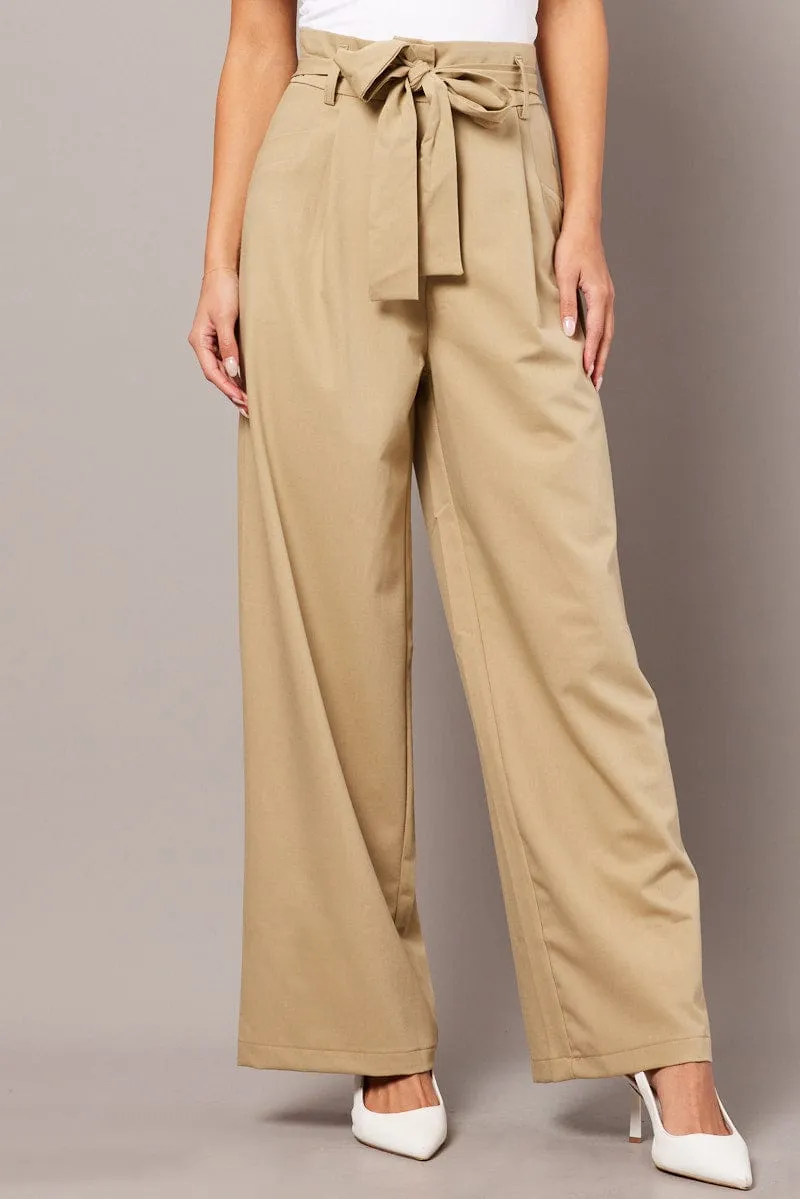 Beige Wide Leg Pants Waist Tie