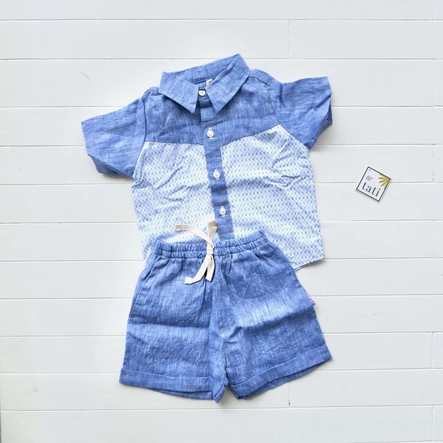 Birch Top & Shorts in Blue Diamond Print & Blue Linen