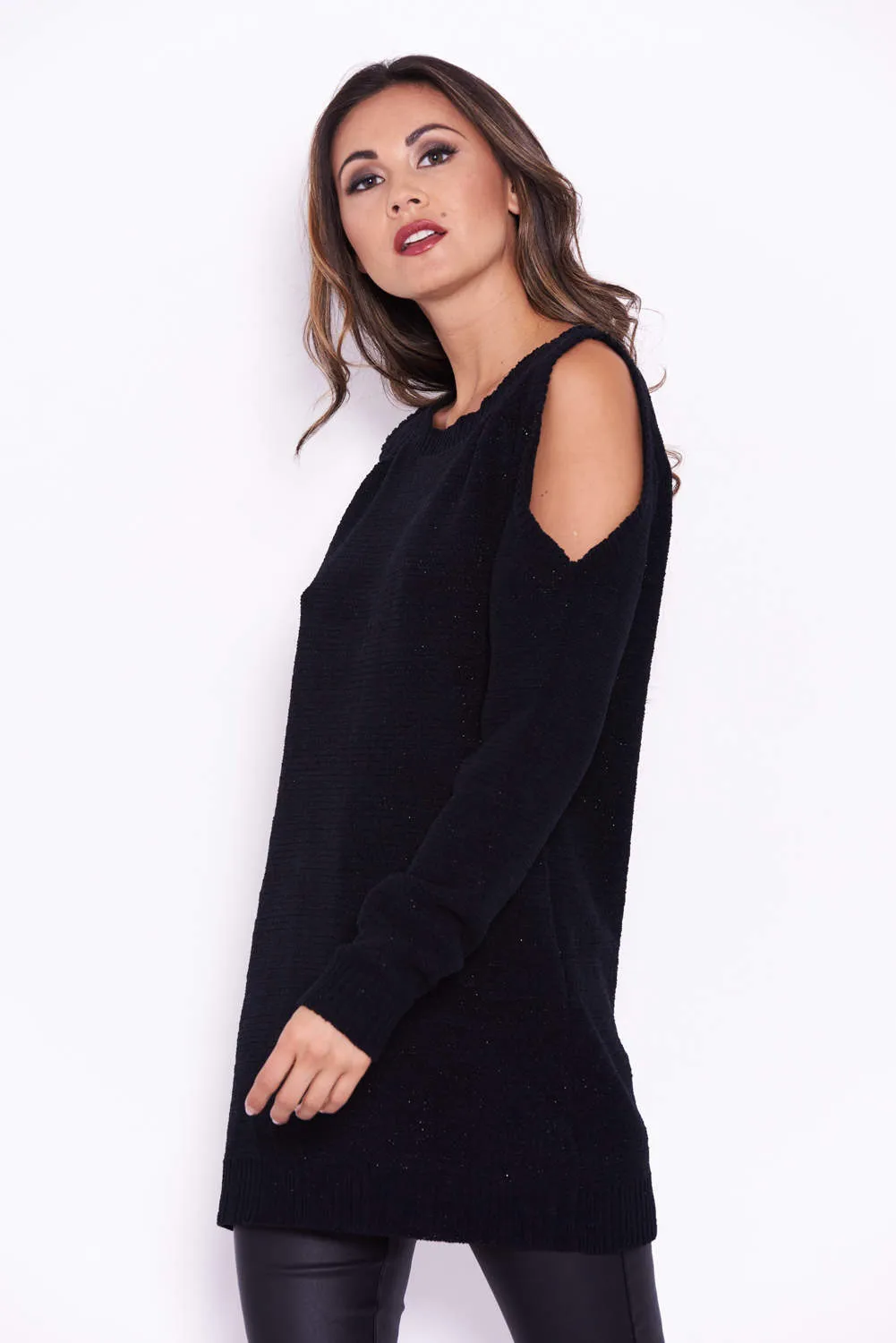 Black Chenille Jumper With Cold Shoulder