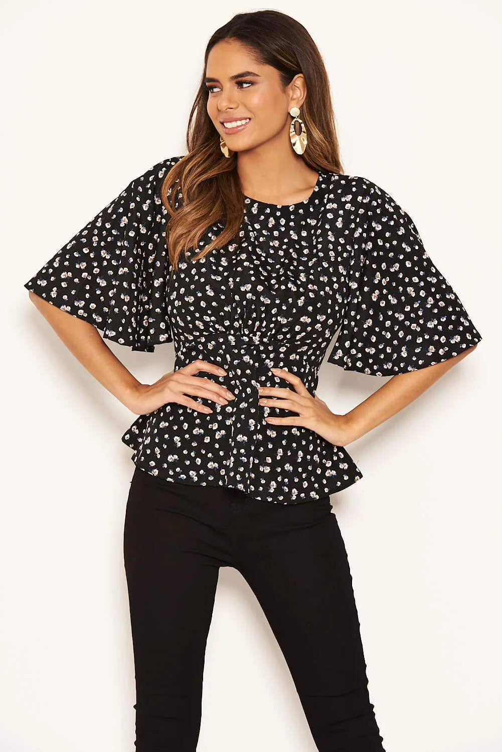 Black Ditsy Floral Flared Blouse