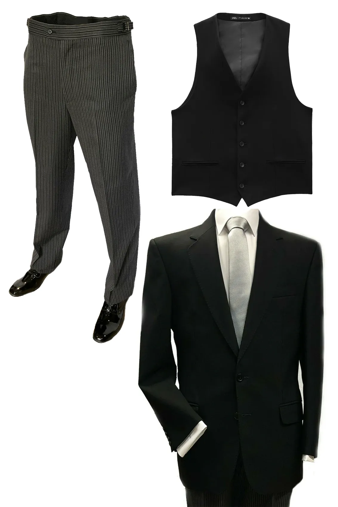 Black Herringbone Three Piece Suit with Pinstripe Trousers Ex Hire