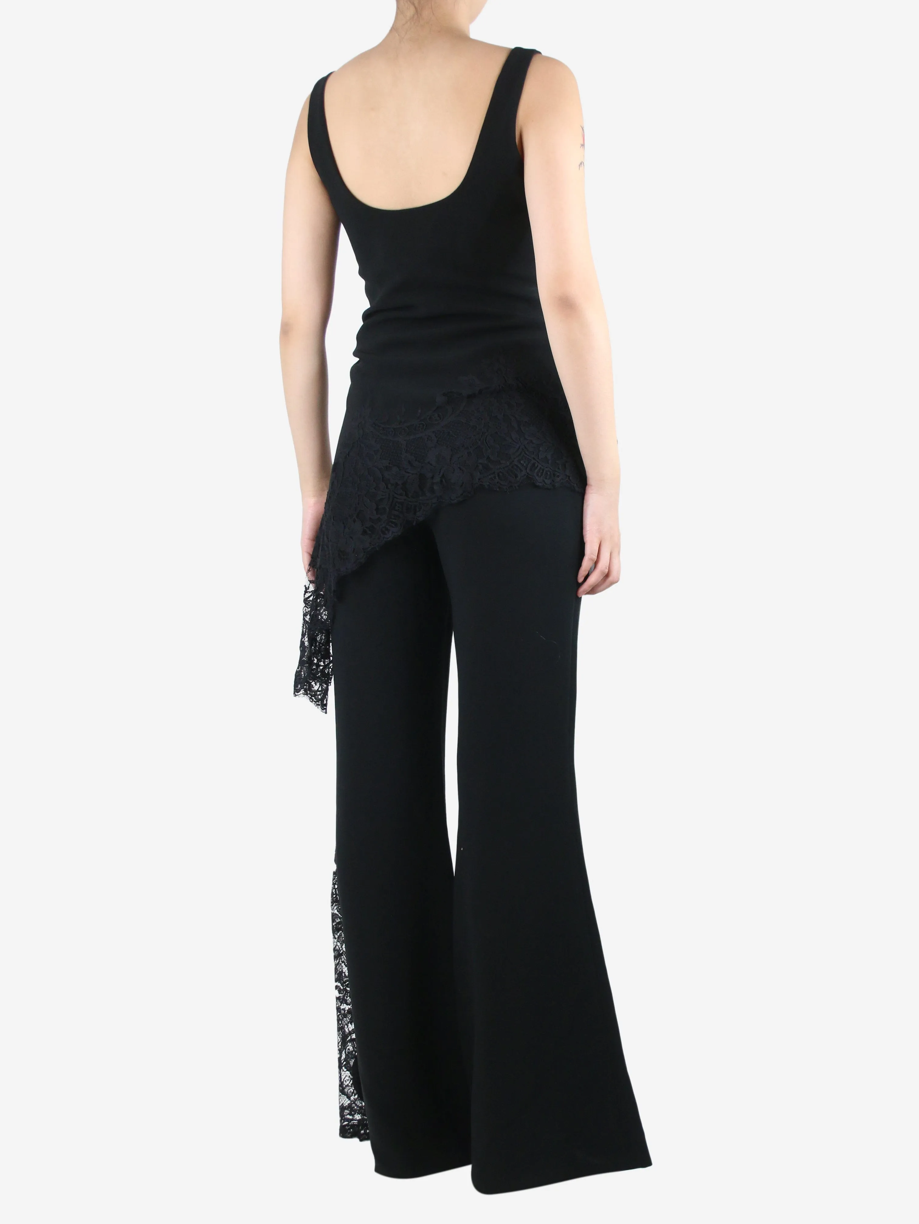 Black lace-detail top and flare trousers set - size UK 16