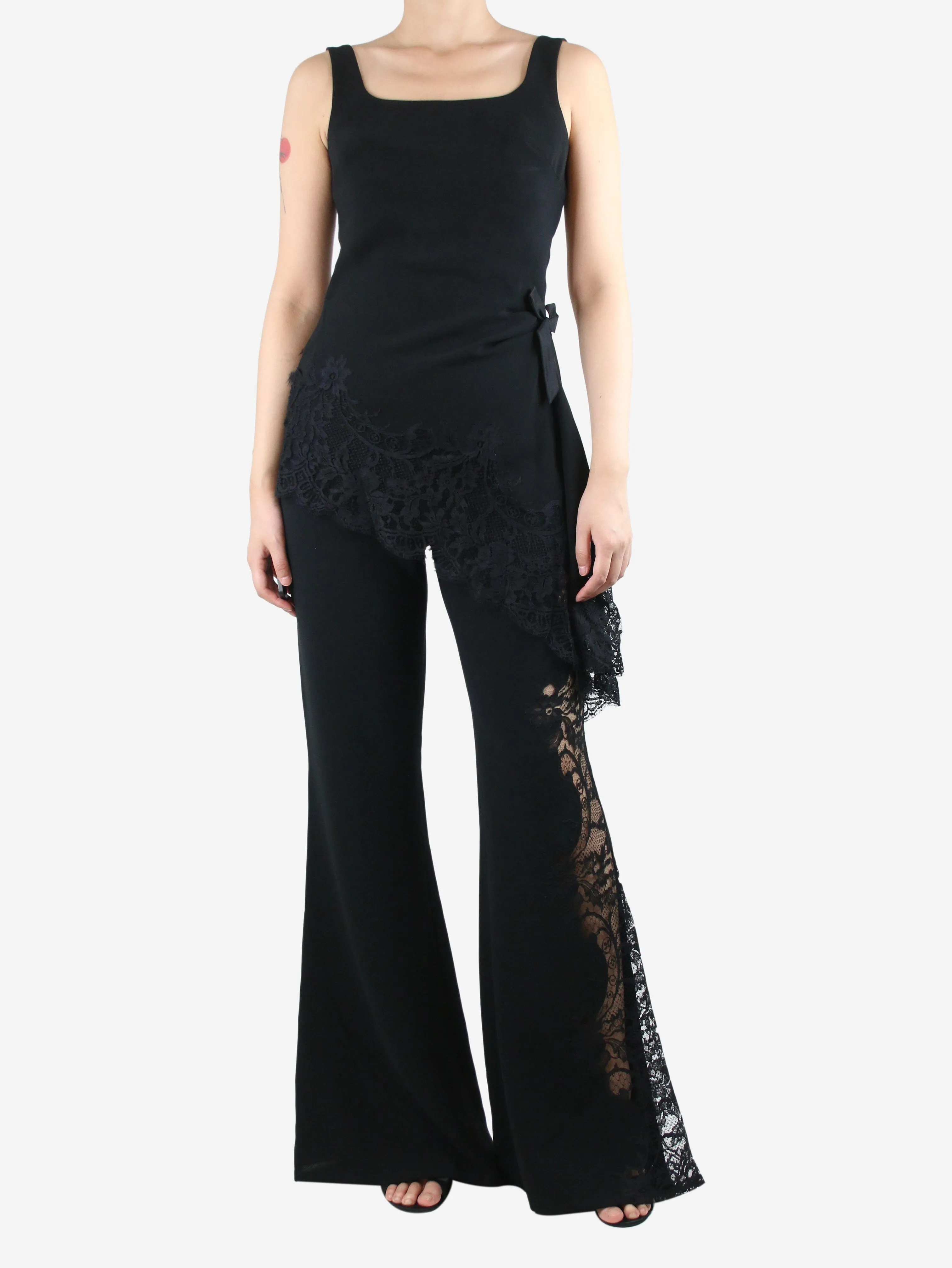 Black lace-detail top and flare trousers set - size UK 16