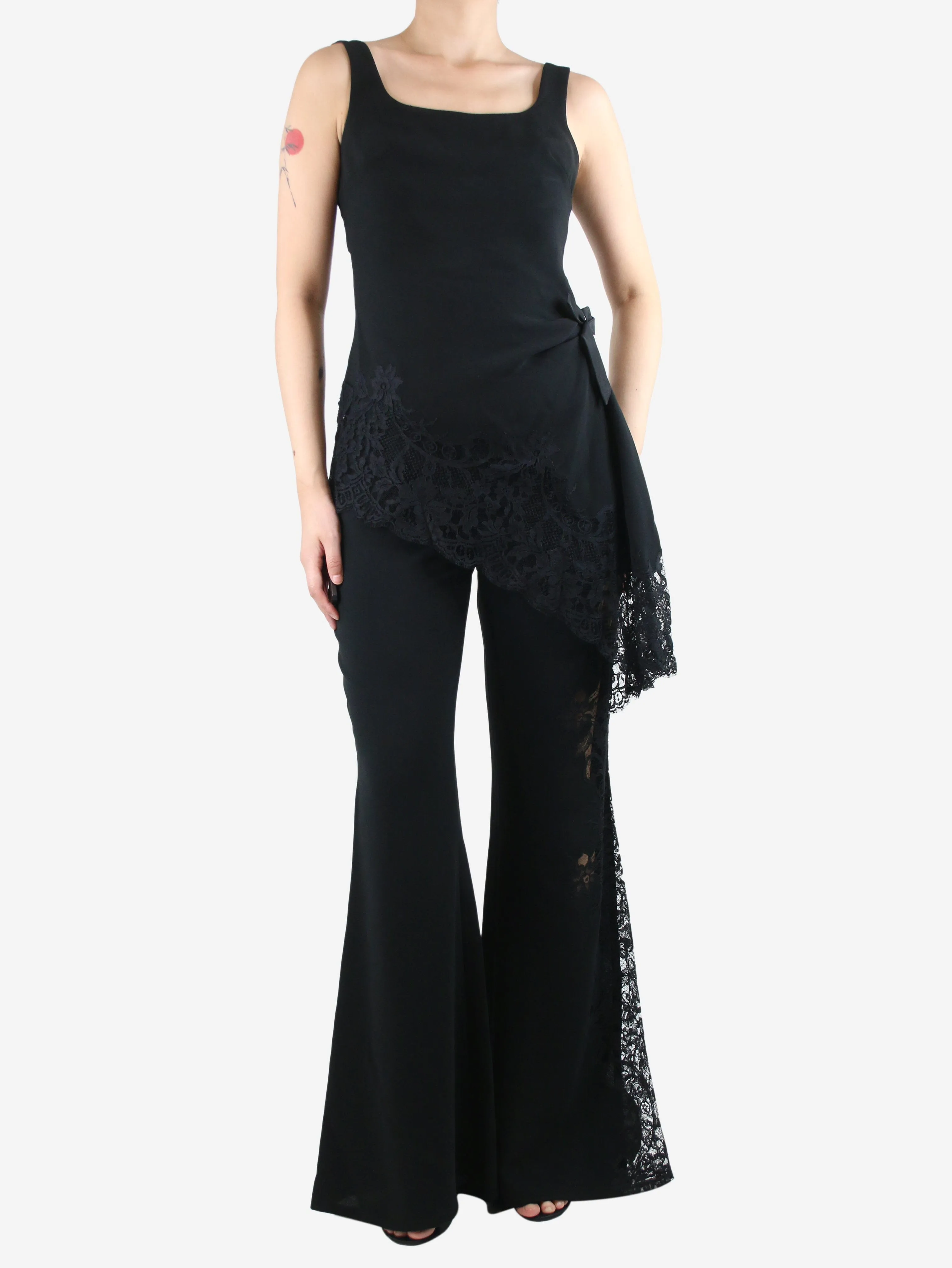 Black lace-detail top and flare trousers set - size UK 16