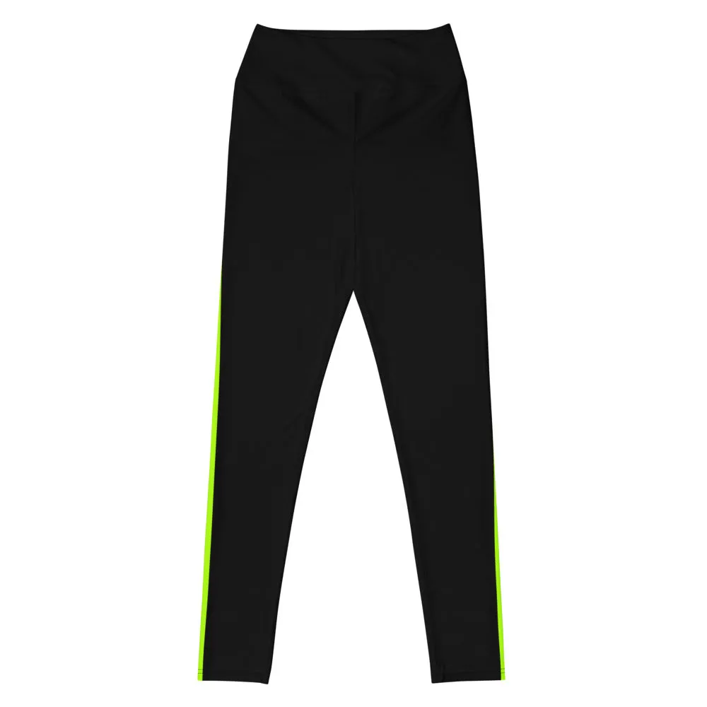 Black Neon Green Yoga Leggings, Vertical Striped Long Women's Sports Leggings-Made in USA/EU/MX