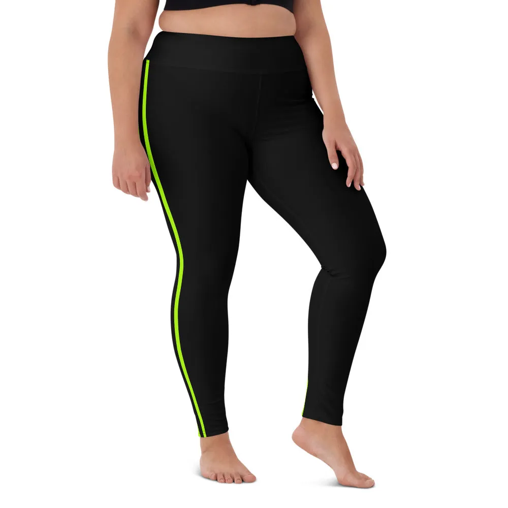 Black Neon Green Yoga Leggings, Vertical Striped Long Women's Sports Leggings-Made in USA/EU/MX