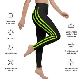 Black Neon Green Yoga Leggings, Vertical Striped Long Women's Sports Leggings-Made in USA/EU/MX