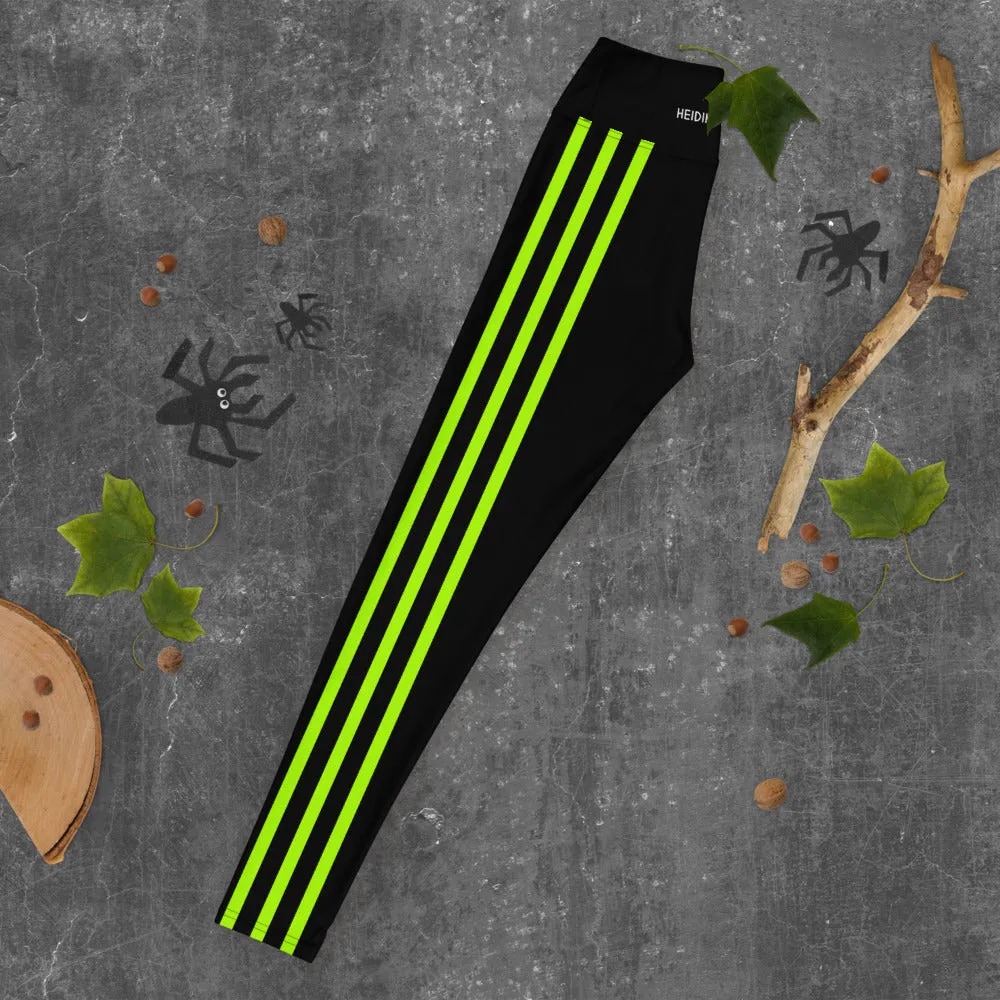 Black Neon Green Yoga Leggings, Vertical Striped Long Women's Sports Leggings-Made in USA/EU/MX