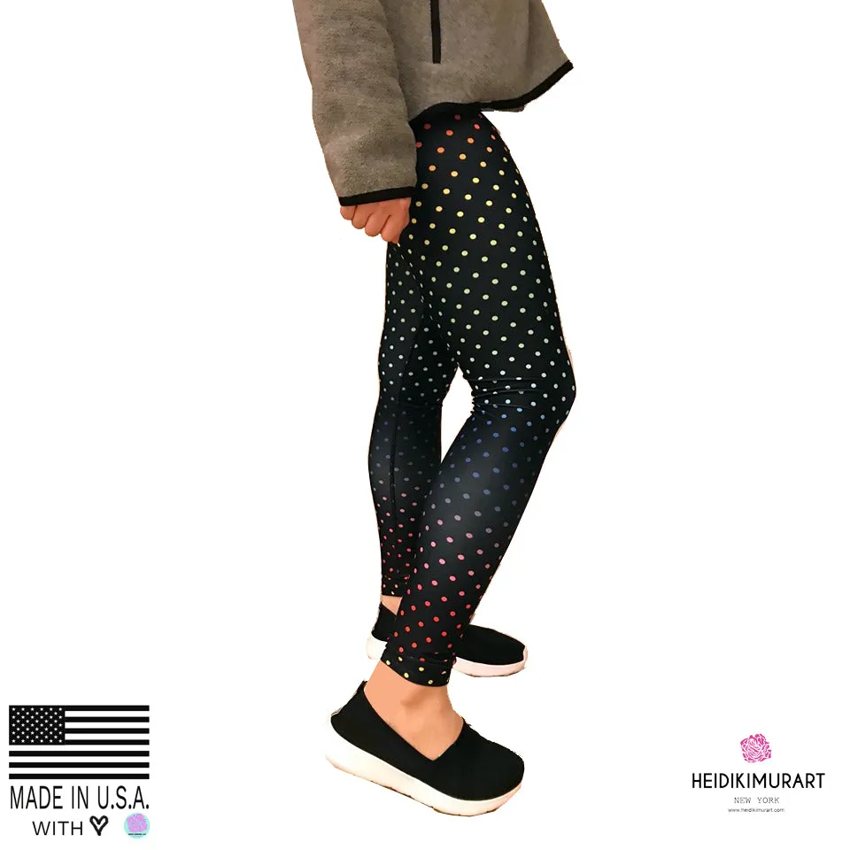 Black Rainbow Dots Women's Leggings, Polka Dots Colorful Printed Women's Long Yoga Pants- Made in USA/EU/MX