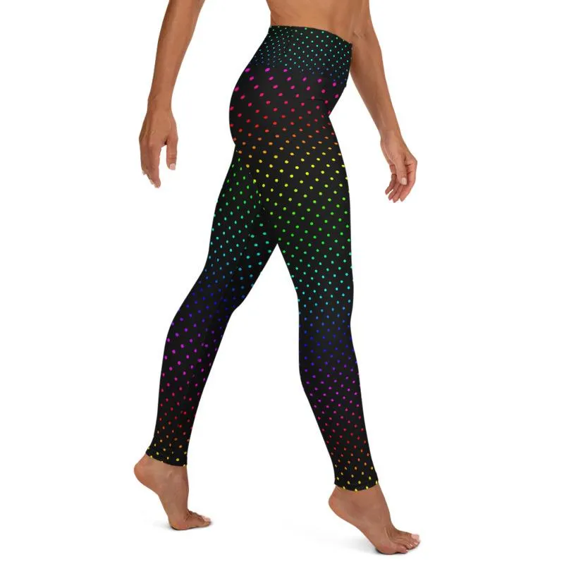 Black Rainbow Dots Women's Leggings, Polka Dots Colorful Printed Women's Long Yoga Pants- Made in USA/EU/MX