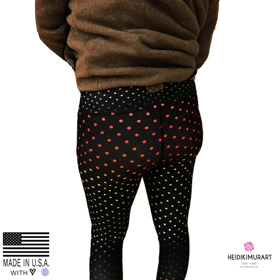 Black Rainbow Dots Women's Leggings, Polka Dots Colorful Printed Women's Long Yoga Pants- Made in USA/EU/MX