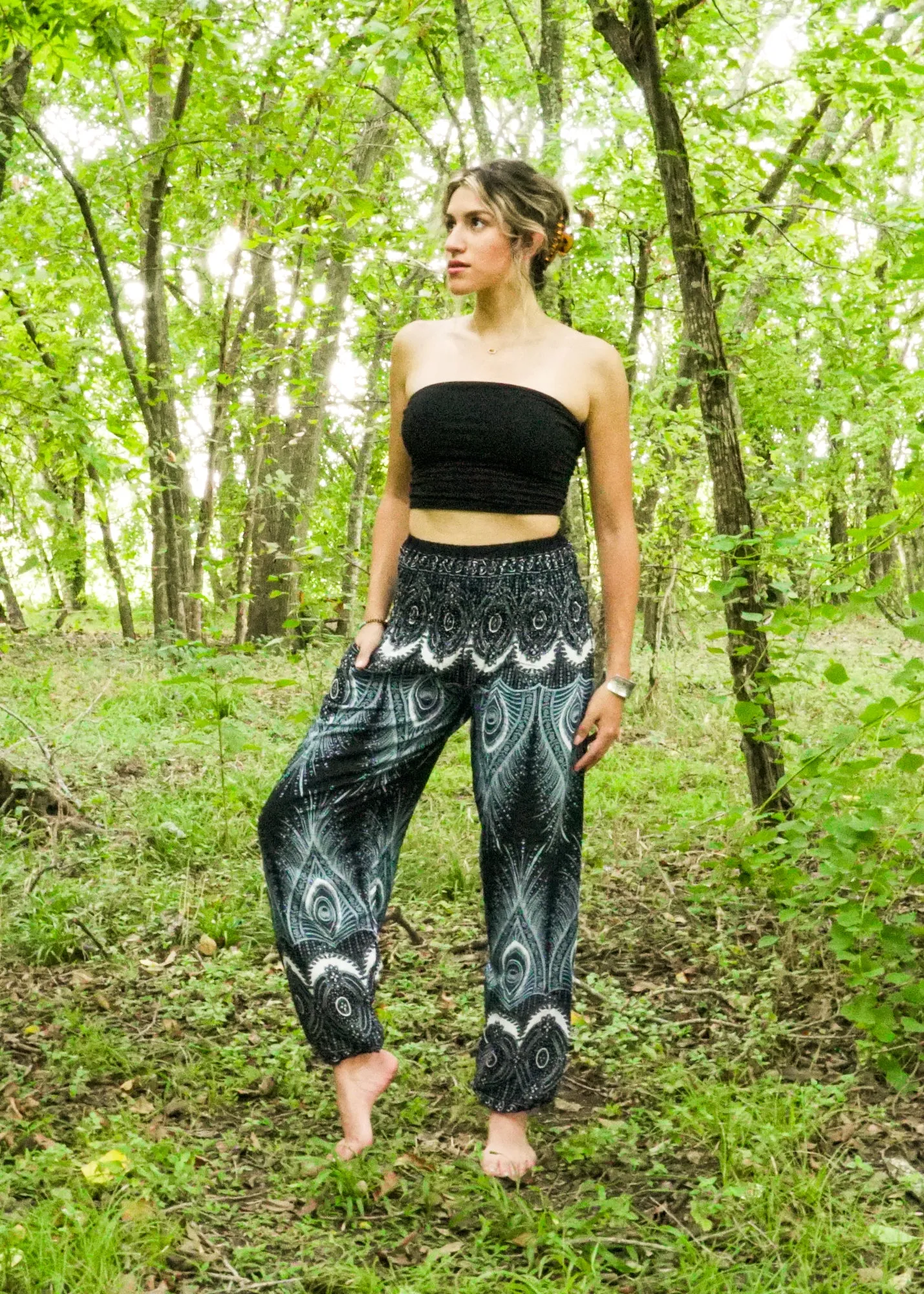 Black Royal Peacock Harem Pants