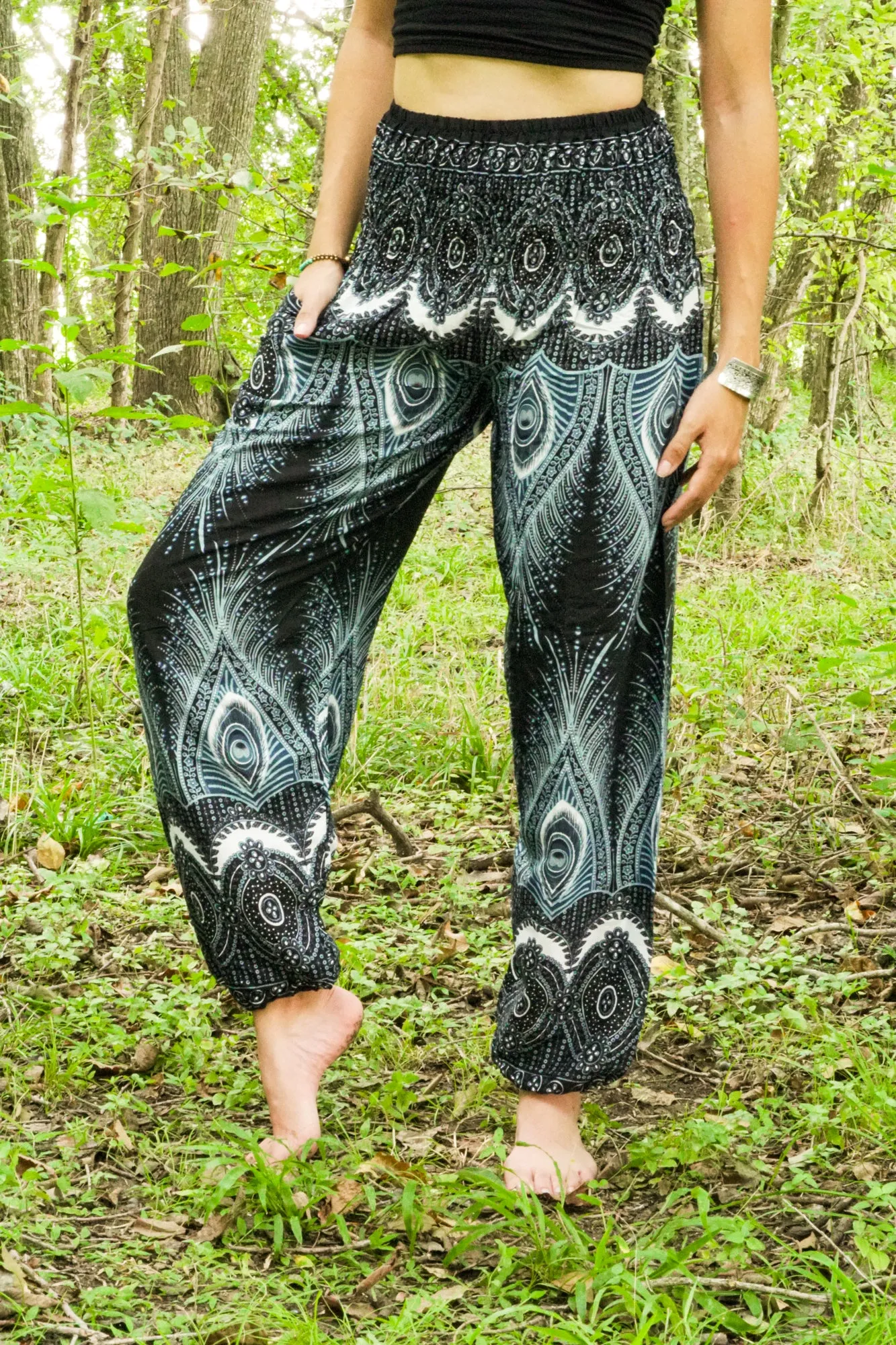 Black Royal Peacock Harem Pants