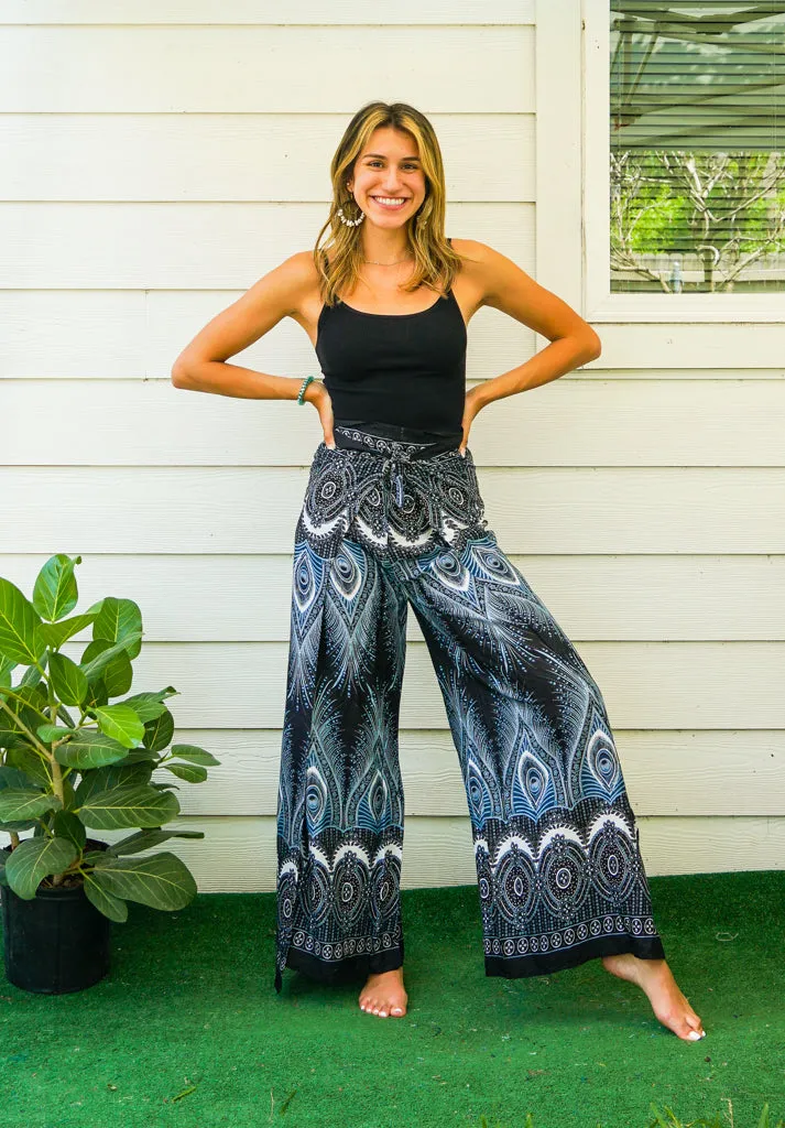 Black Royal Peacock Mandala Palazzo Wrap Pants