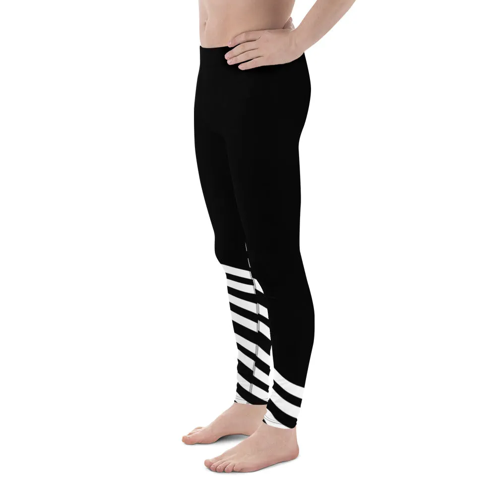 Black White Diagonal Striped Meggings, Modern Minimalist Striped Men's Athletic Running Leggings-Made in USA/EU/MX