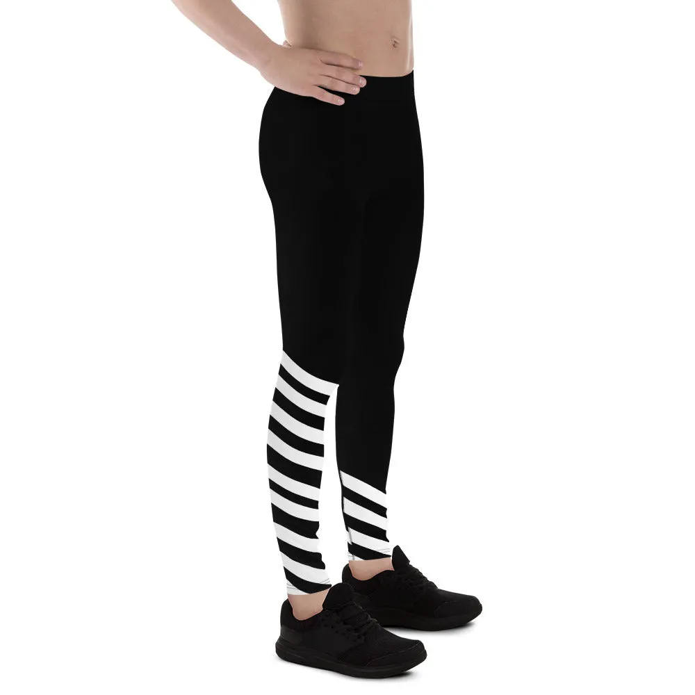 Black White Diagonal Striped Meggings, Modern Minimalist Striped Men's Athletic Running Leggings-Made in USA/EU/MX