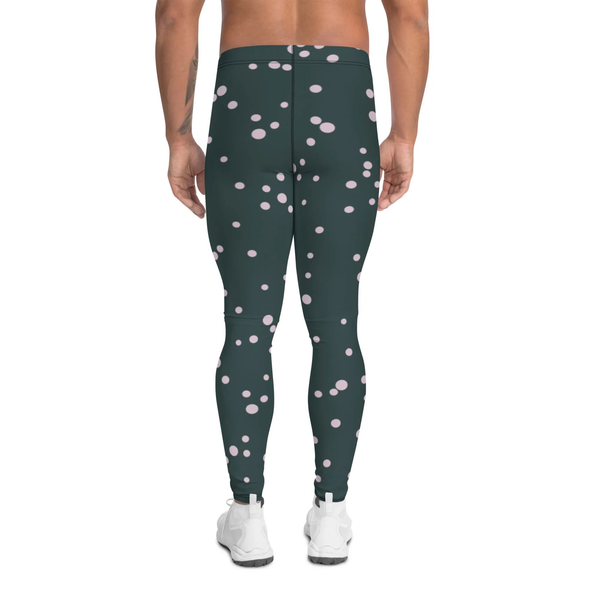 Black White Dotted Men's Leggings, Premium Fun Men's Running Tights For Polka Dots Lovers-Made in USA/EU/MX