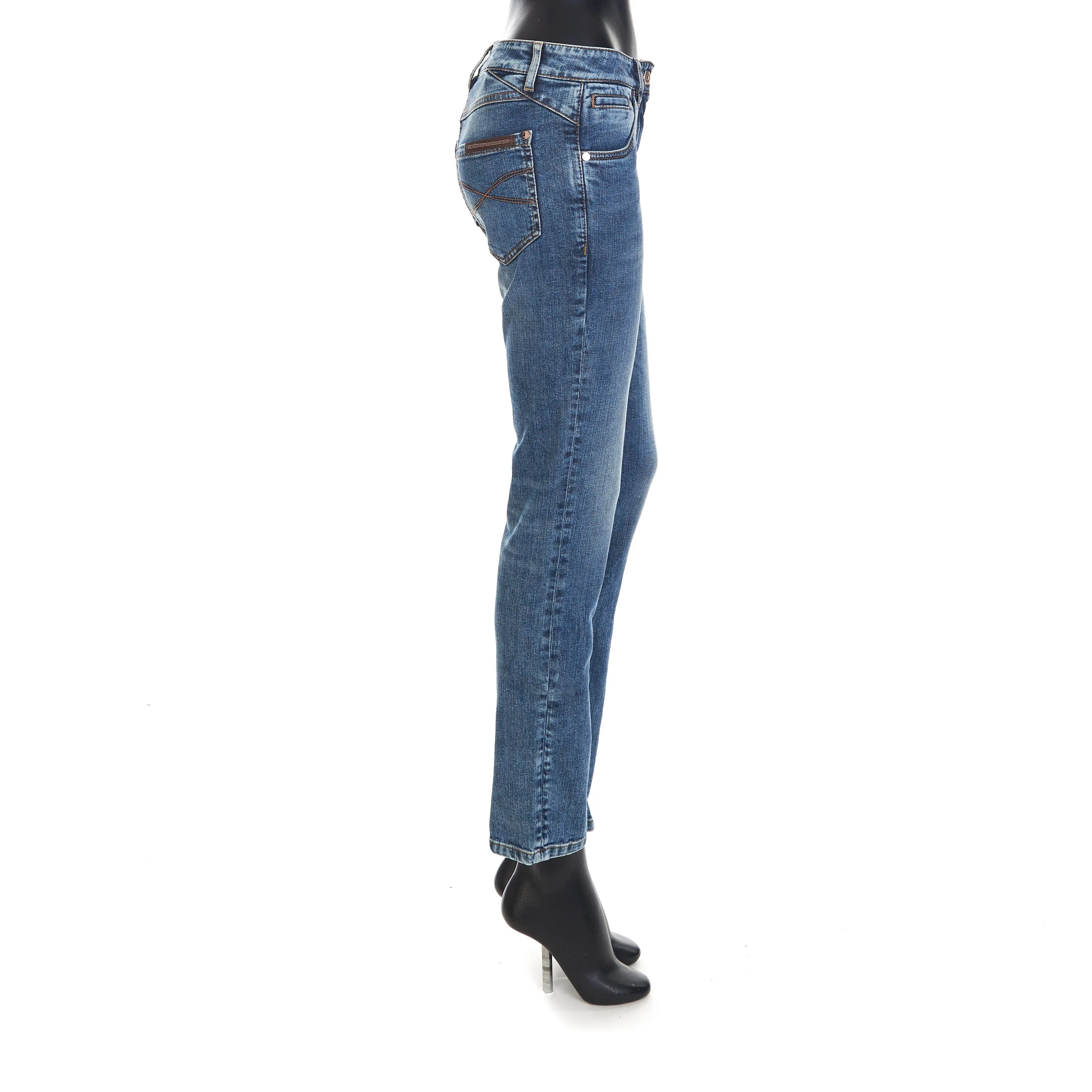 Blue Comfort Denim Five- Pocket Trousers - Shiny Monili Leather Tab