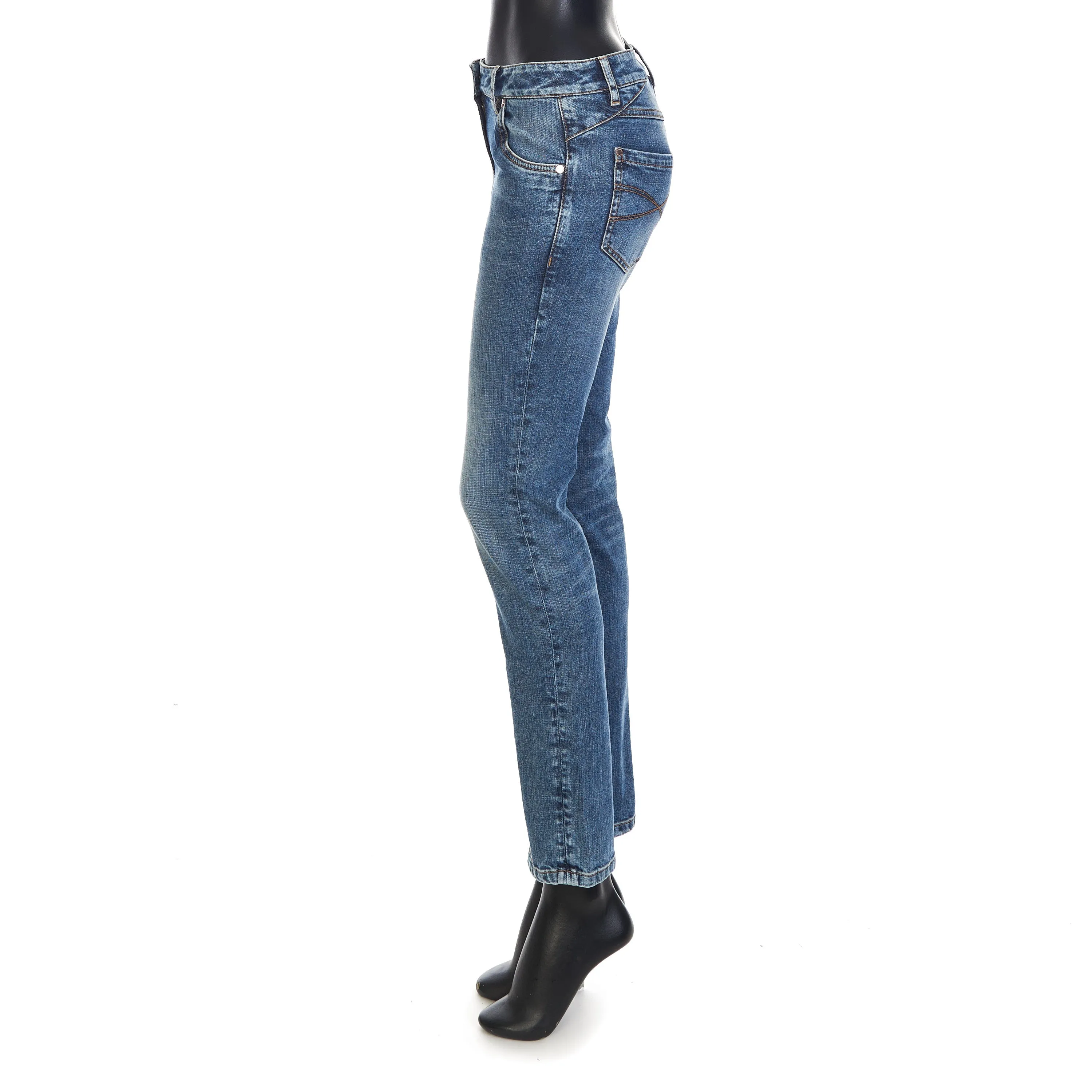 Blue Comfort Denim Five- Pocket Trousers - Shiny Monili Leather Tab