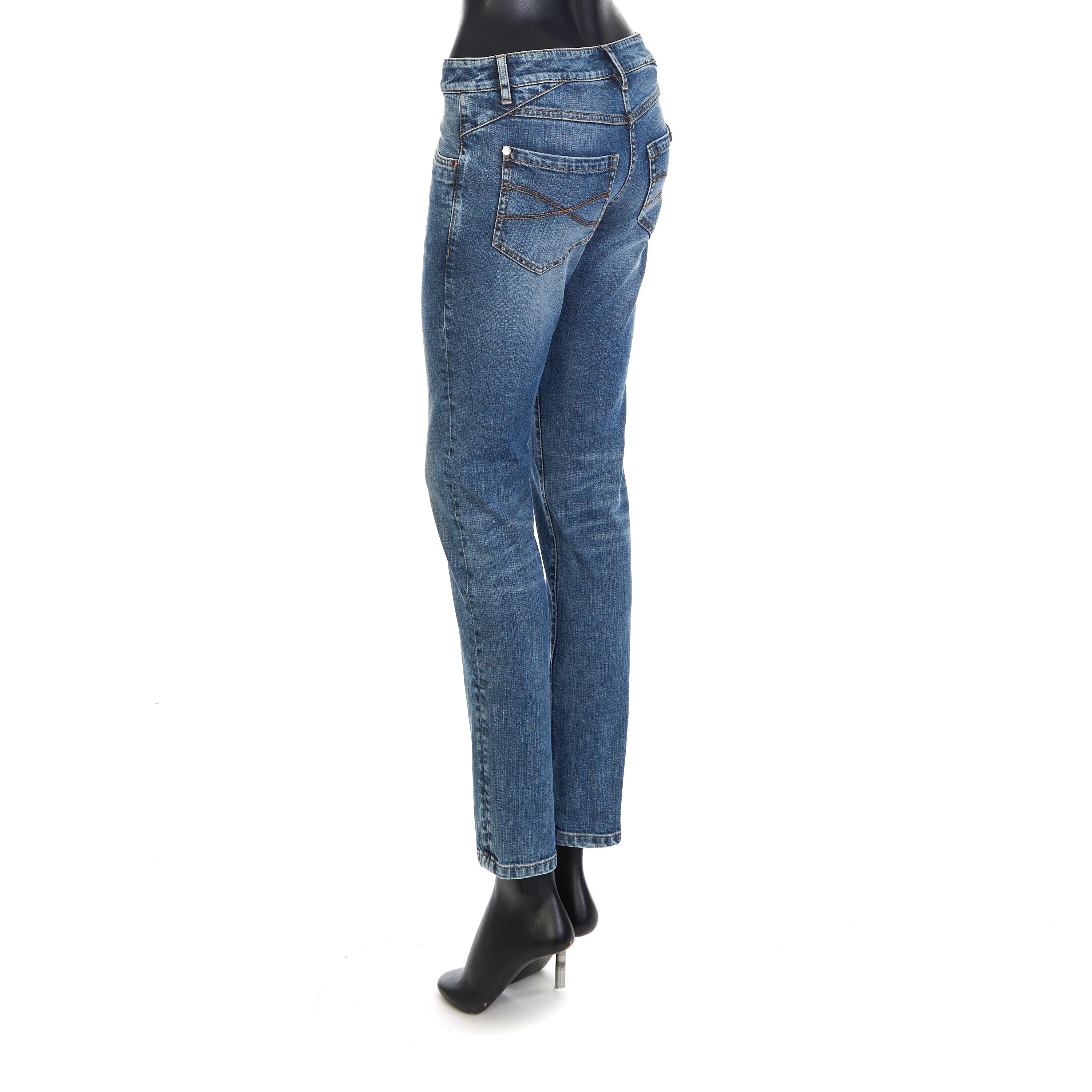 Blue Comfort Denim Five- Pocket Trousers - Shiny Monili Leather Tab