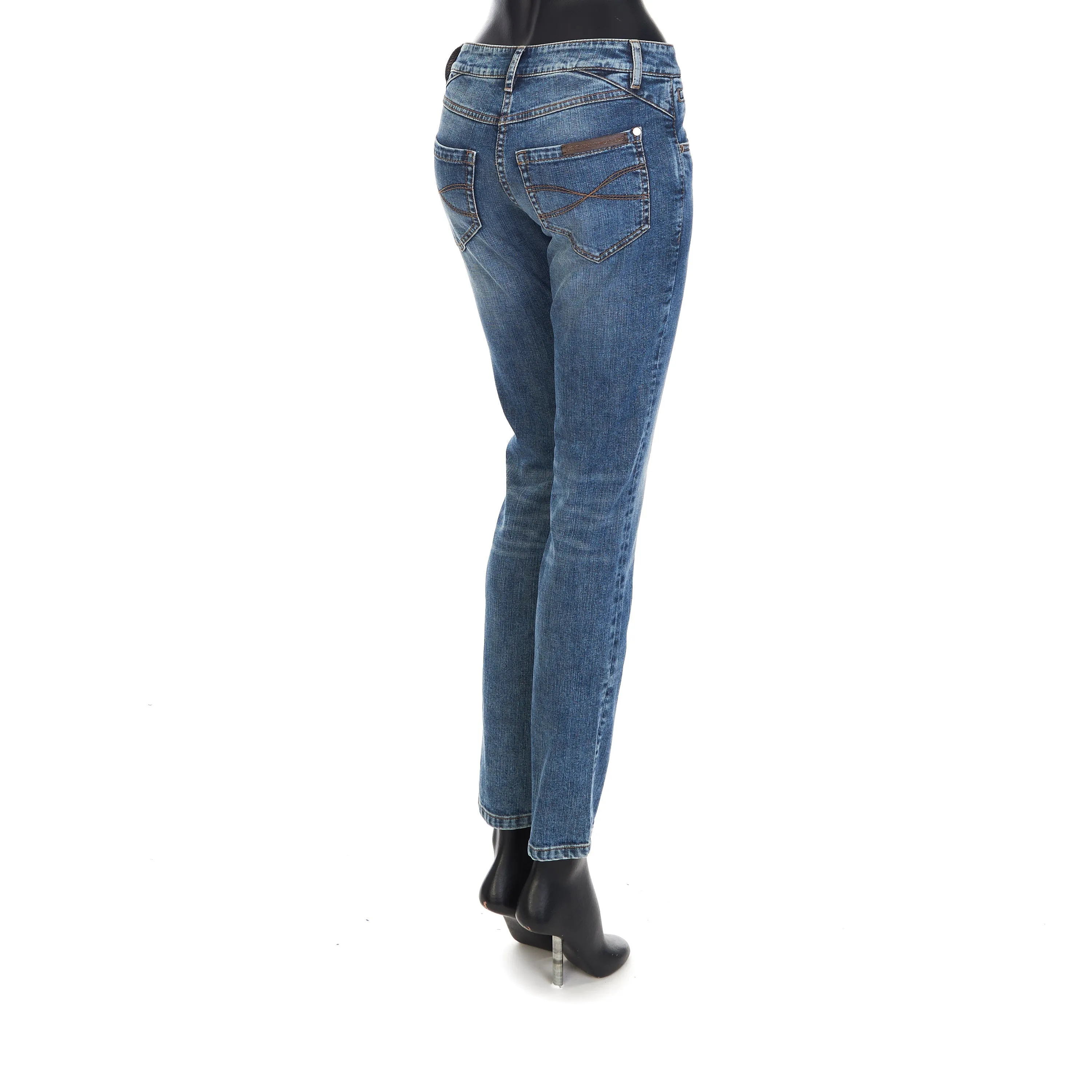 Blue Comfort Denim Five- Pocket Trousers - Shiny Monili Leather Tab