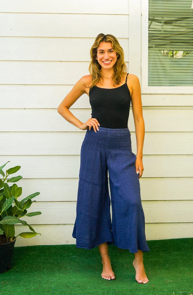 Blue Double Gauze Wide Legs Palazzo Pants