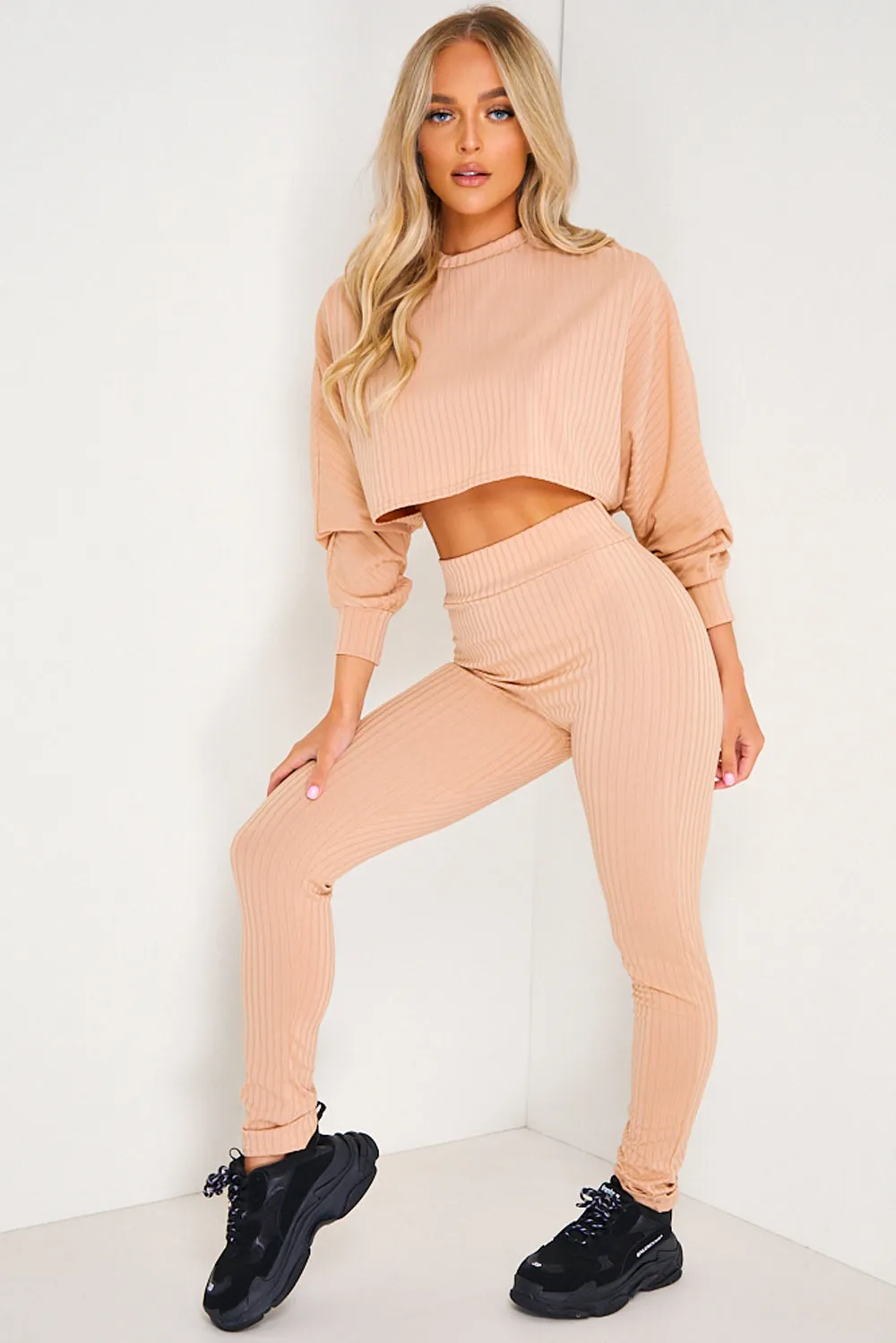 Camel Ribbed Batwing Crop Top and Leggings Loungewear Set