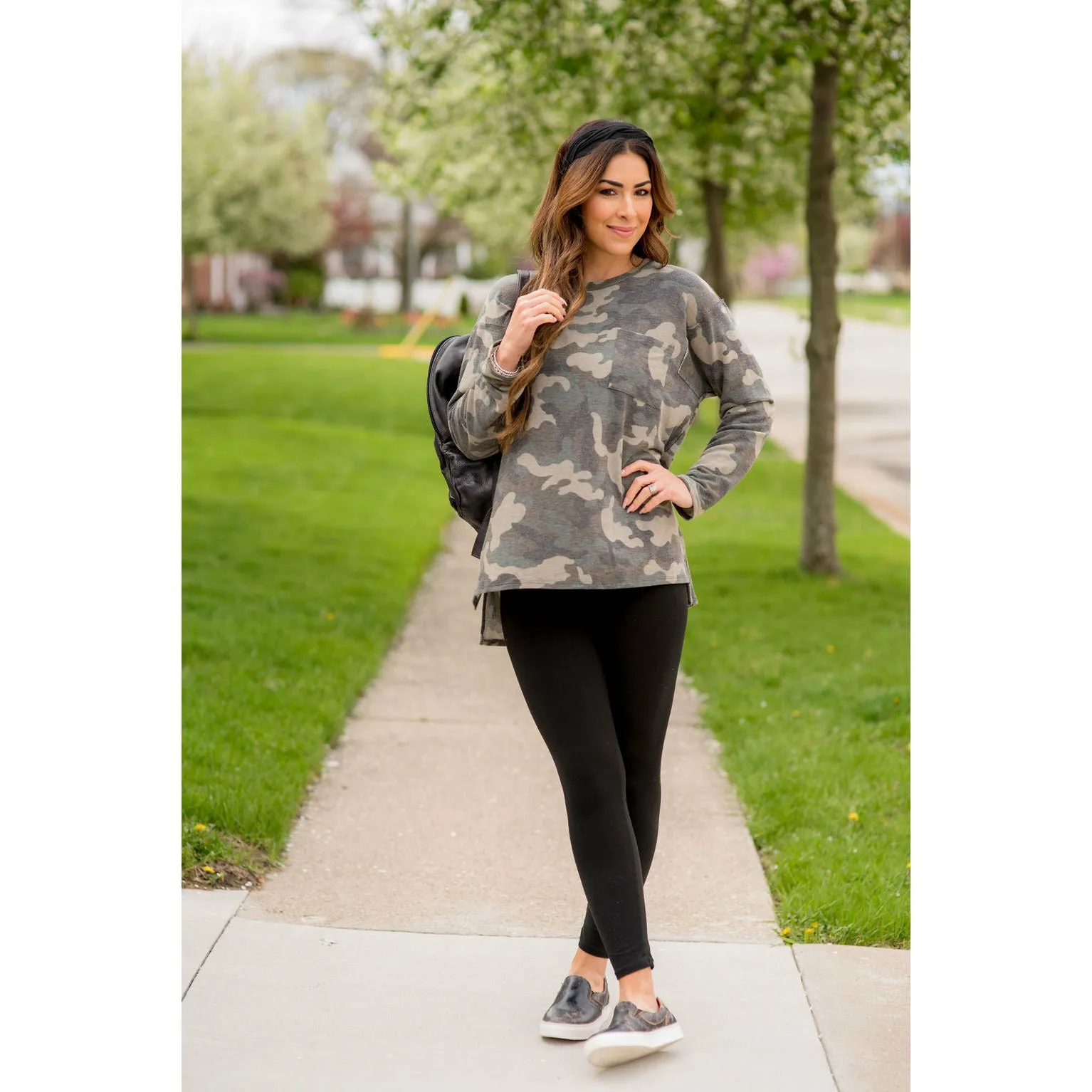 Camo Side Slit Long Sleeve Tee