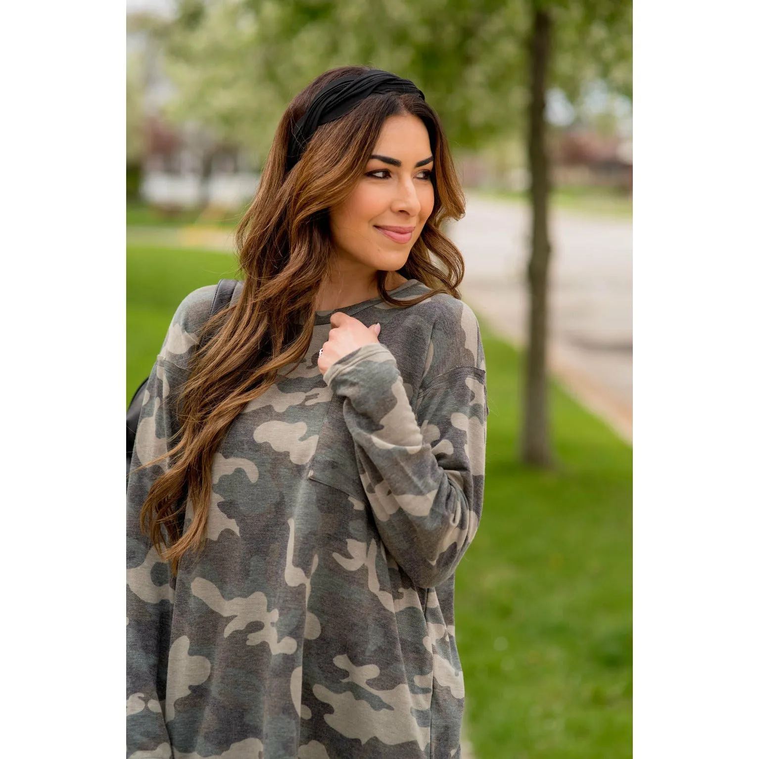 Camo Side Slit Long Sleeve Tee