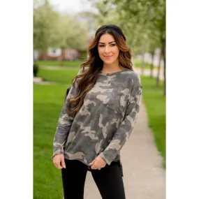 Camo Side Slit Long Sleeve Tee