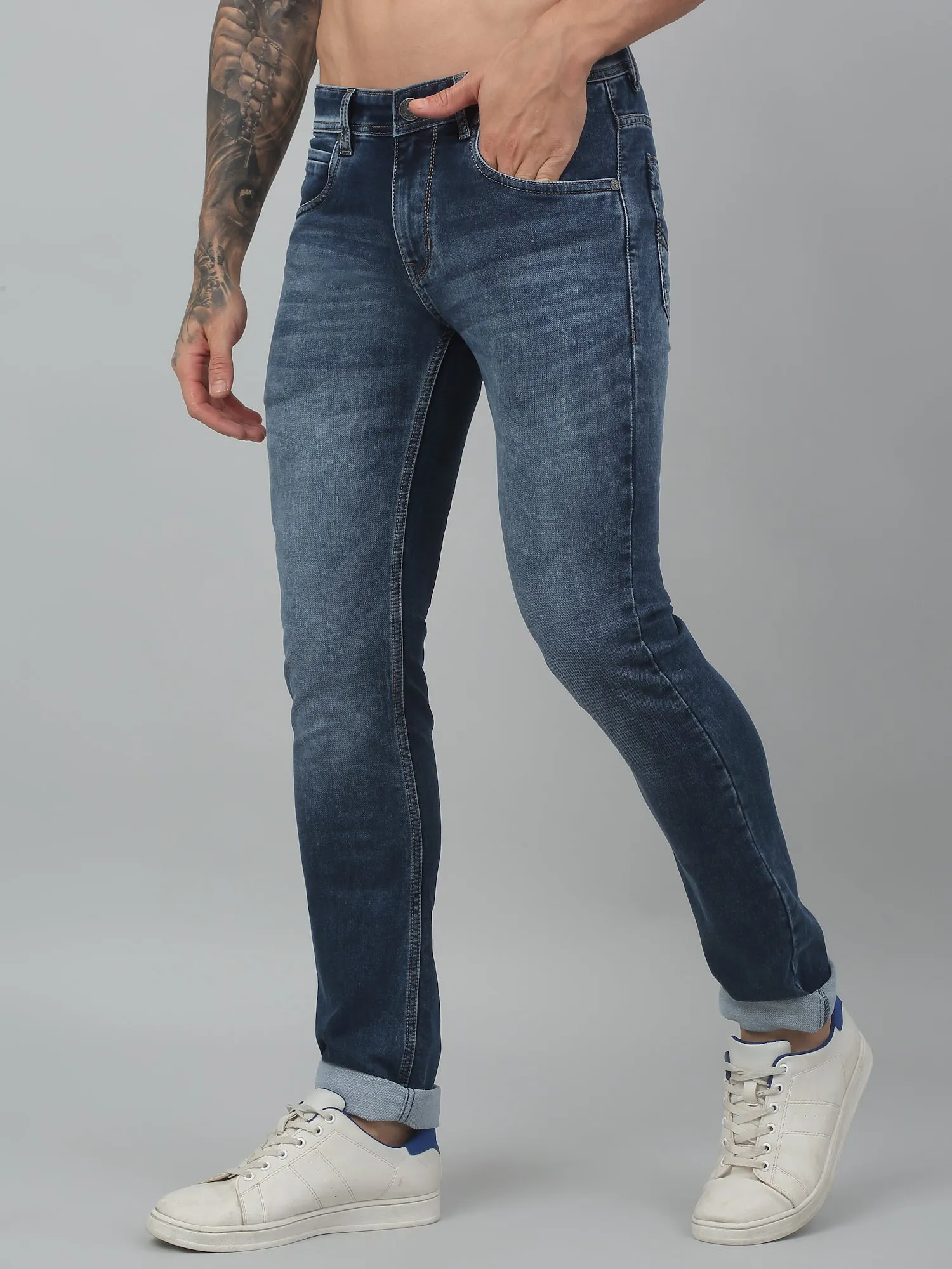 Cantabil Blue Solid Mid Rise Full Length Stretchable Jeans For Men