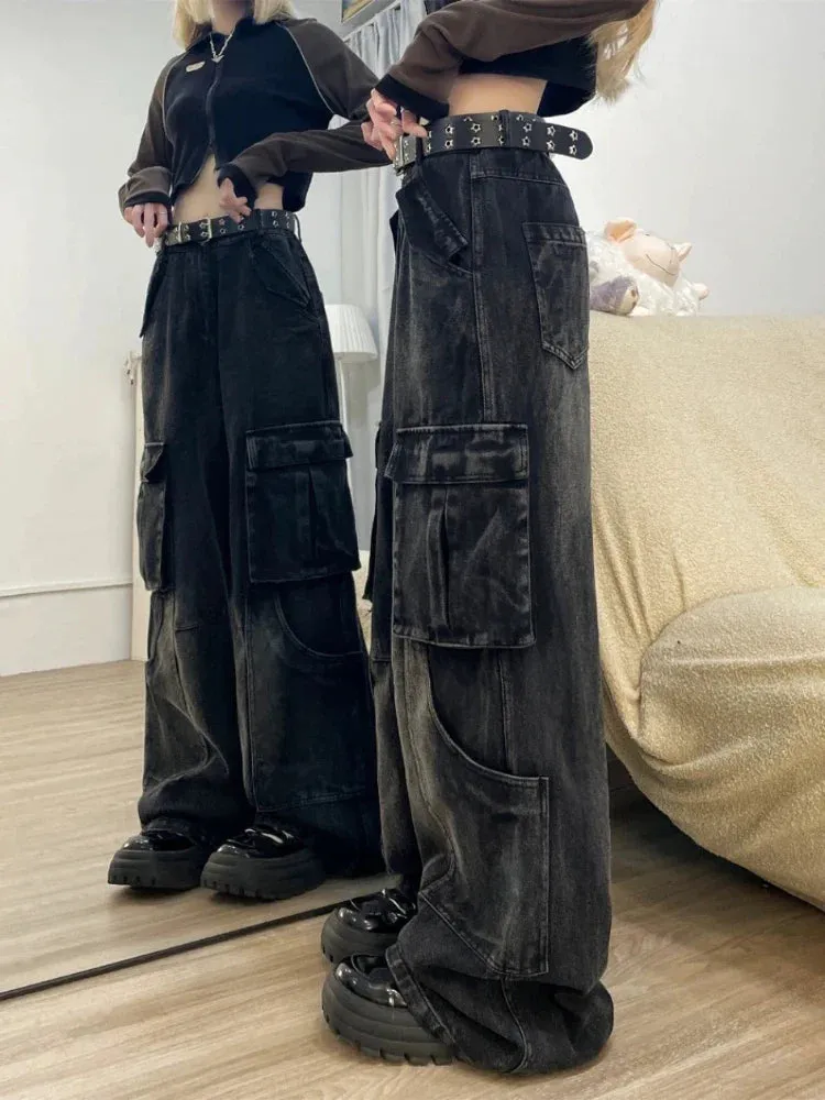 Cargo Jeans Women Vintage Baggy Pocket Slouchy Wide Leg Denim Pants