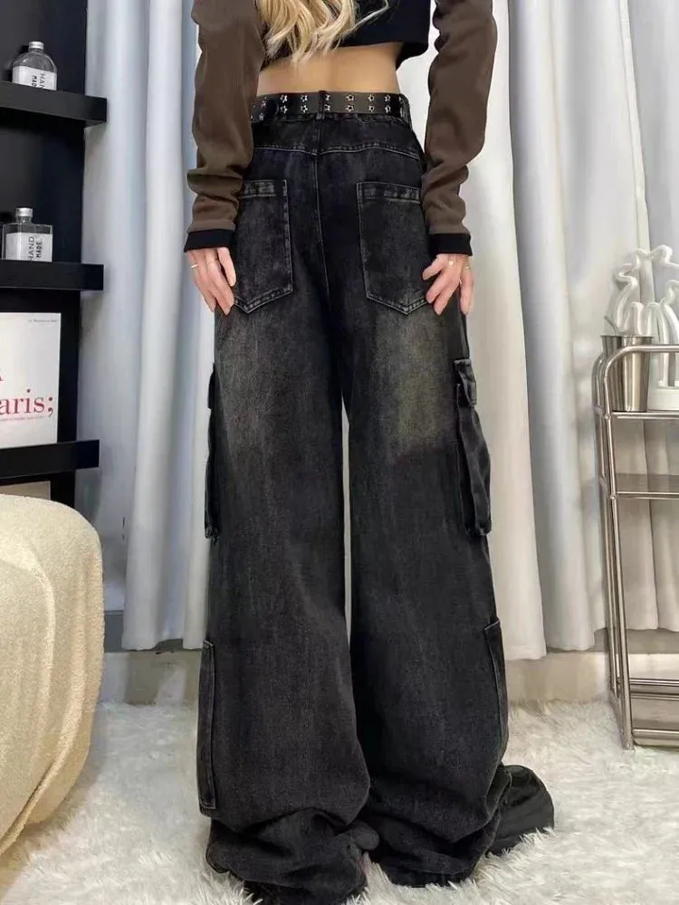 Cargo Jeans Women Vintage Baggy Pocket Slouchy Wide Leg Denim Pants